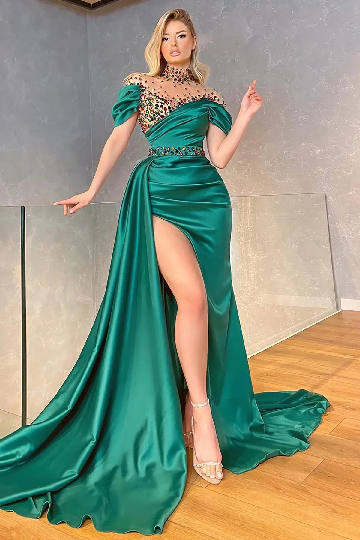 emerald green formal dress for wedding guest Simple Emerald Green A Line Spaghetti Strap Satin Open Back Prom Dress  Wedding Guest Dress SH4452