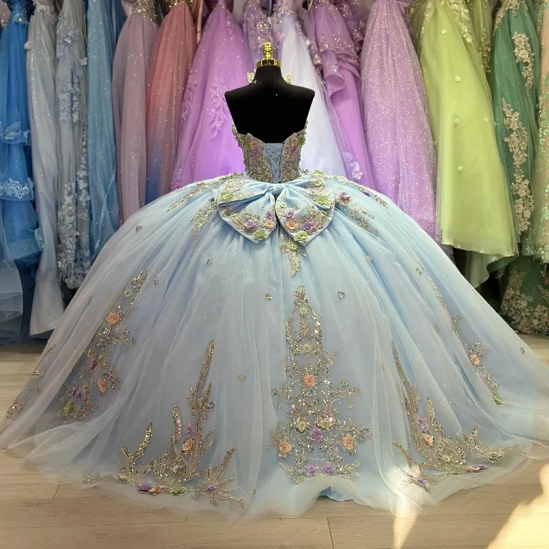 Sky Blue Quinceanera Dress Mexican Vestidos de 15 Applique Lace Tull Princess Sweet 16 Birthday XV Ball Gown Cinderella Girl Dress 1114