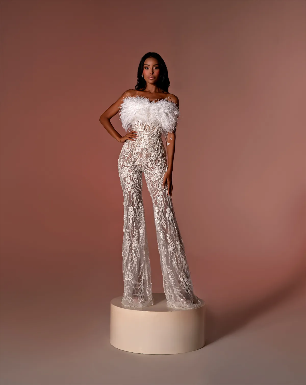 fit and flare feather wedding dress 3D Floral And Beads Fit-And-Flare Wedding Dress With Detachable Oversk –  Ludyne Yuceed main image 0