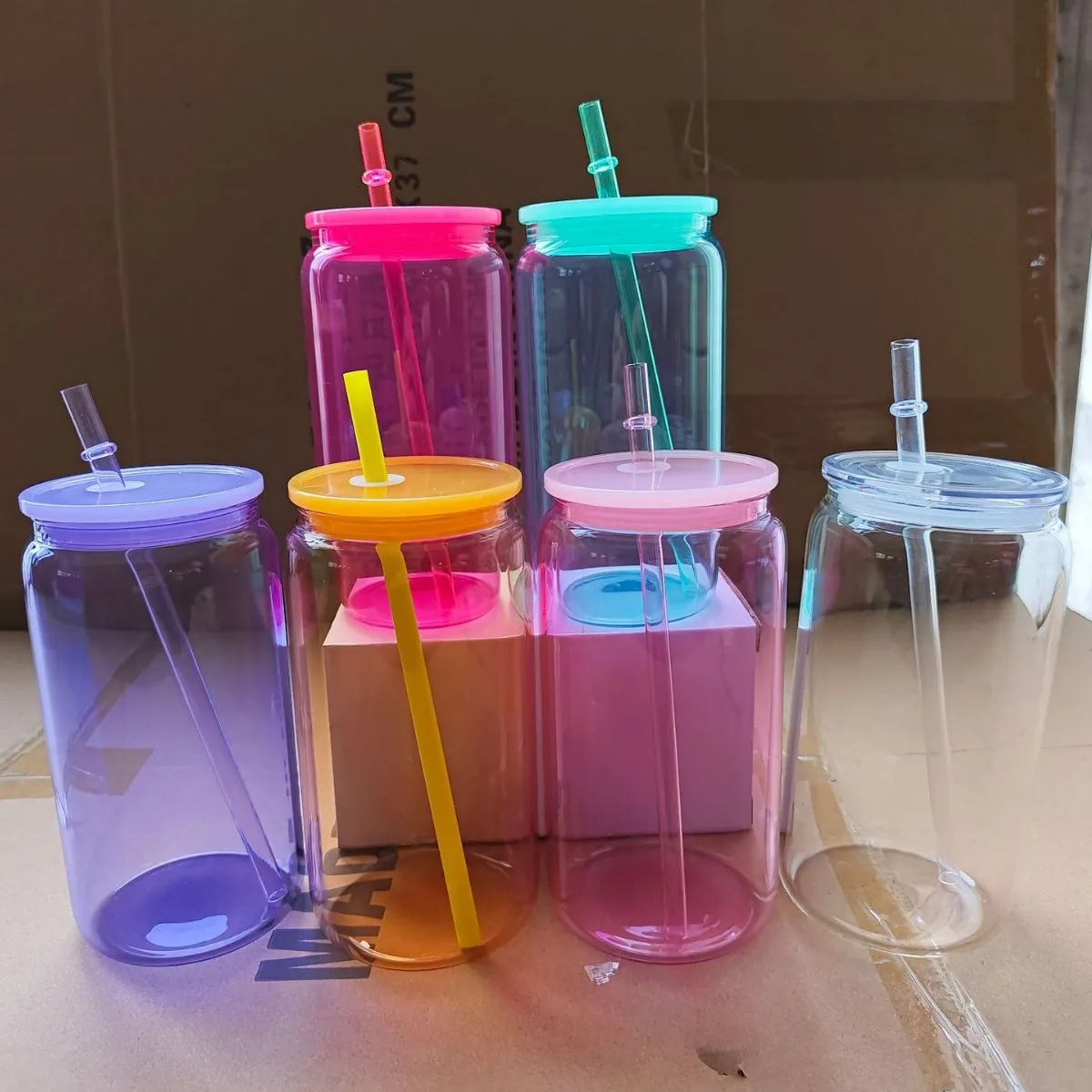 16oz colored sublimation glass tumbler with colored plastic lid blank  colorful glass mason jar libby can cooler cola beer food cans 5 colors