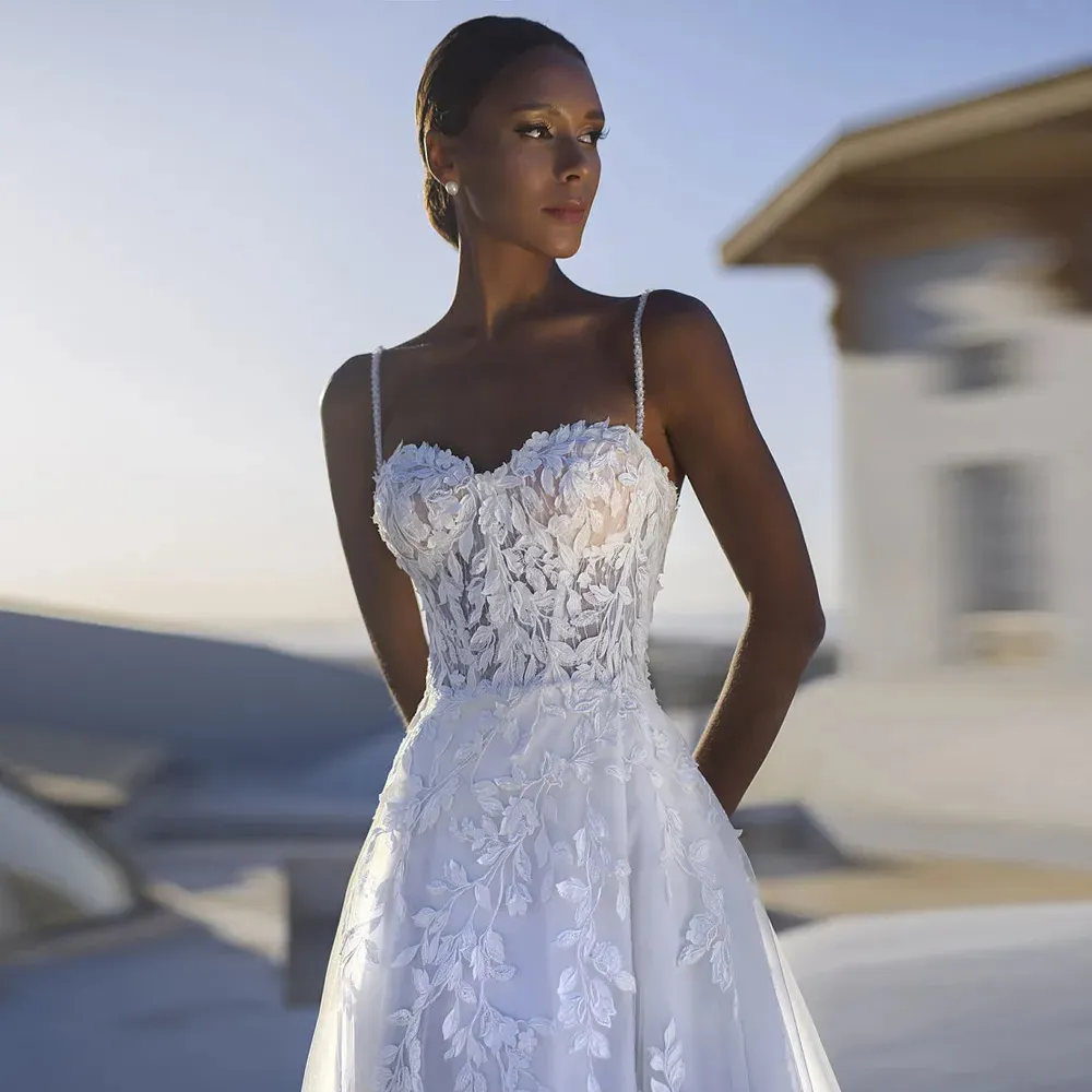 spaghetti strap beaded wedding dress Vintage Beaded A-line V-neck Spaghetti Straps Lace Wedding Dresses, MW582 main image 1