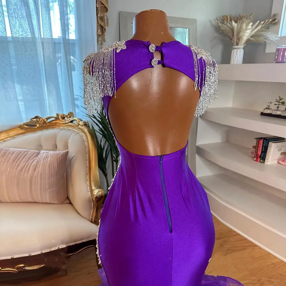 Purple Beaded Rhinestone Purple tight prom dress for Black Girls with Crystal Ruffles and High Slit - Perfect for Birthday Parties and Evening Events