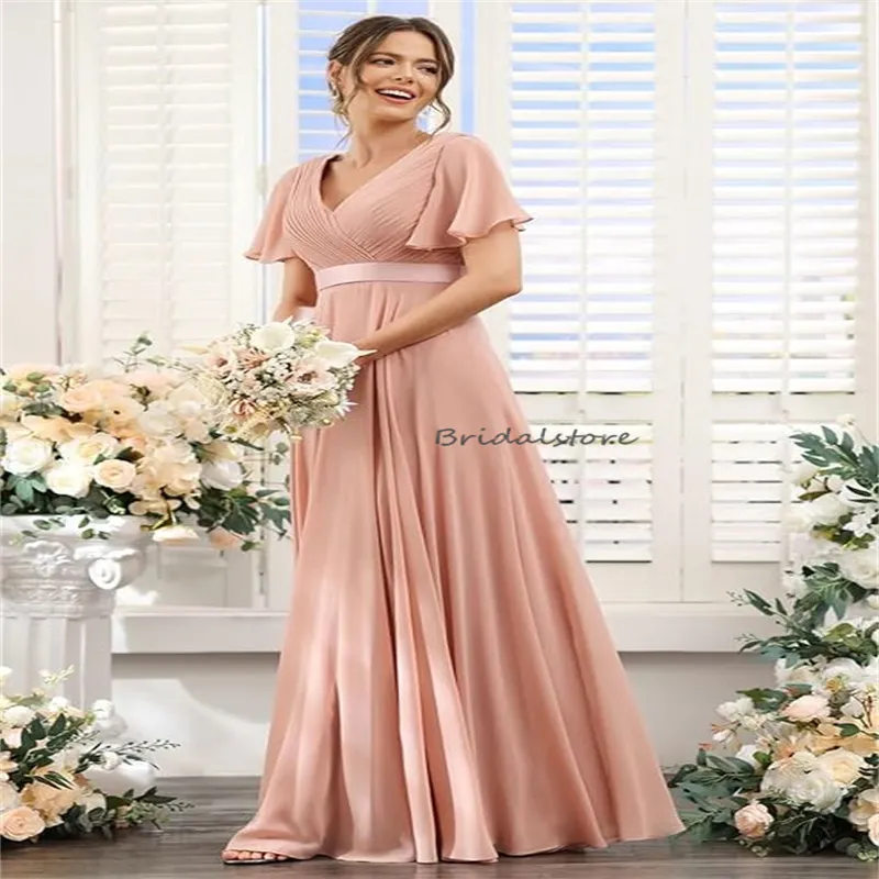 Boho Mint Green Flutter Sleeve dusty coral bridesmaid dresses - V Neck Chiffon Floor Length for Wedding Guests, Parties, and Festivals (2024)