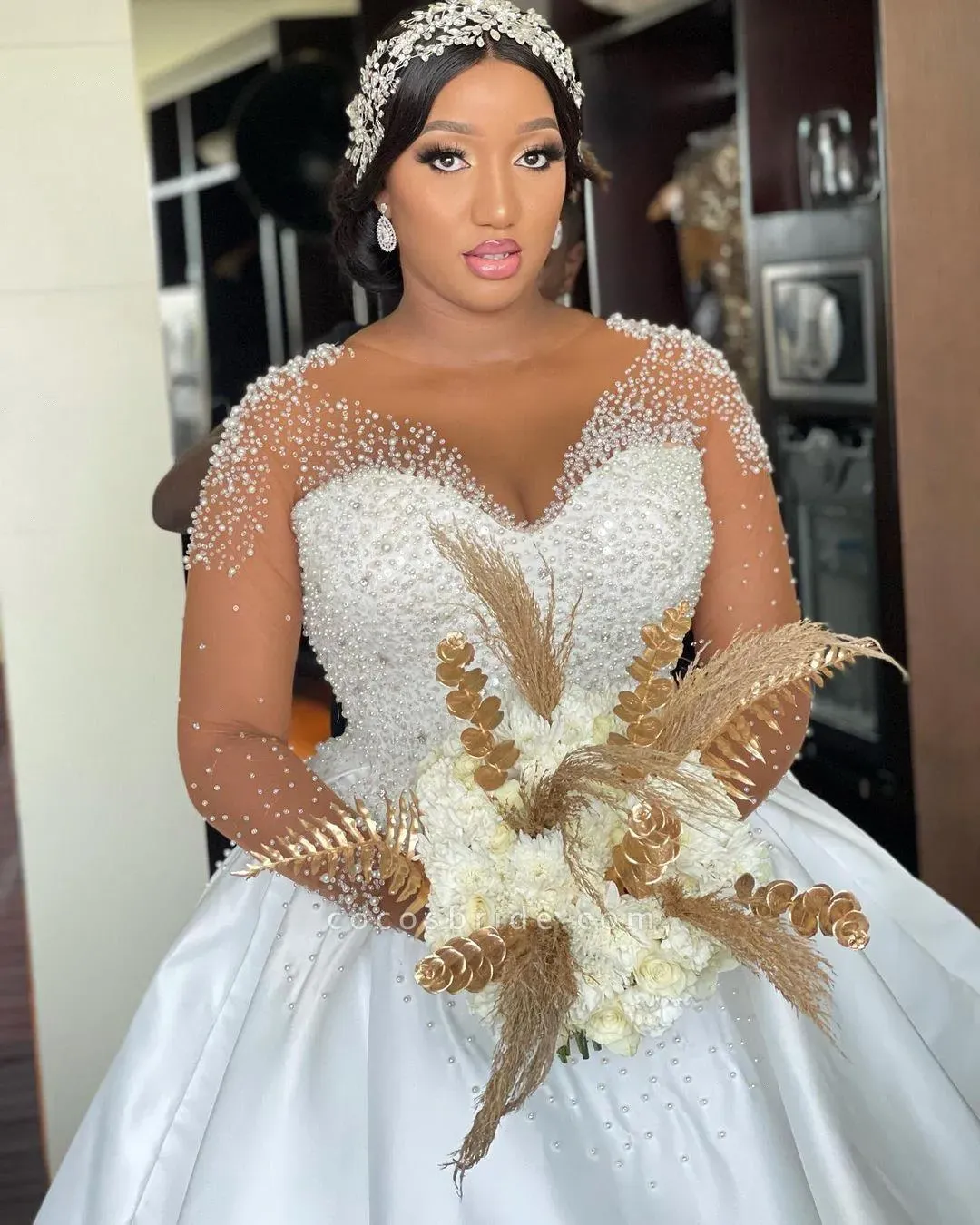 Plus Size African Satin Wedding Dress Beaded Jewel Neck with 3/4 Sleeves  and Zipper Back from Dhgate A-Line Wedding Dresses - price 559.49