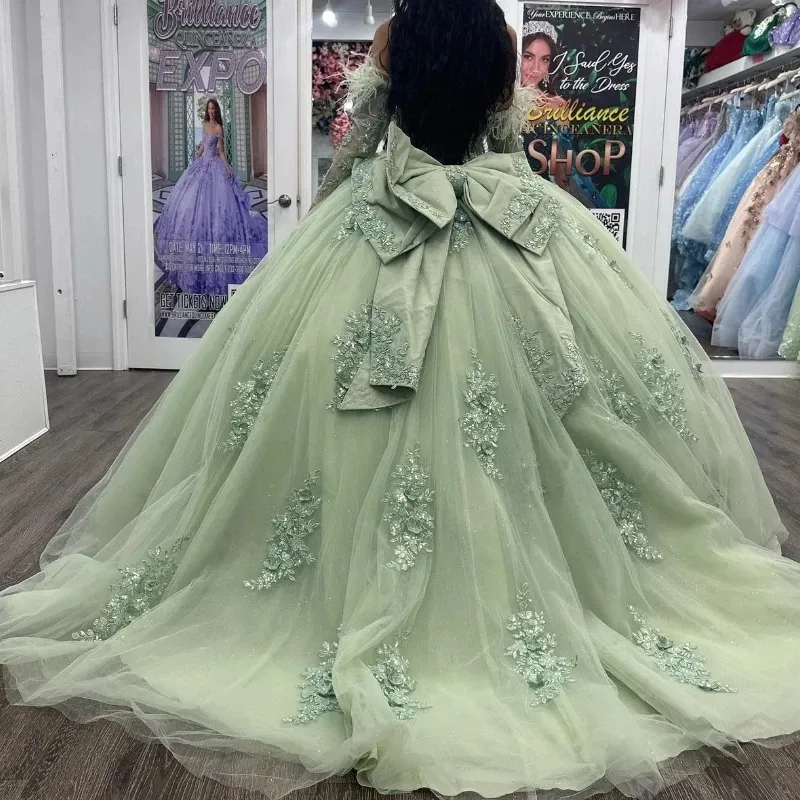Green Sage Quinceanera Sage Green prom dress with Beads, Appliques, and Feather Embellishments - Perfect for Sweet Girls' Sweetheart Princess Ball Green Sage Quinceanera Sage Green prom dress with Beads, Appliques, and Feather Embellishments - Perfect for Sweet Girls' Sweetheart Princess Ball