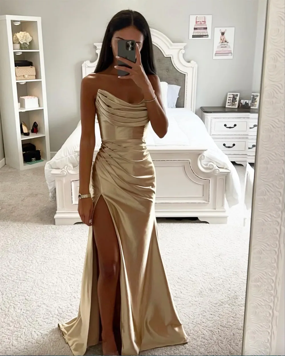 Champagne Gold Strapless Satin Sheath Evening Gown with Sweep Train and Zipper Back from Dhgate Prom Dresses - price 241.28 Champagne Gold Strapless Satin Sheath Evening Gown with Sweep Train and Zipper Back from Dhgate Prom Dresses - price 241.28