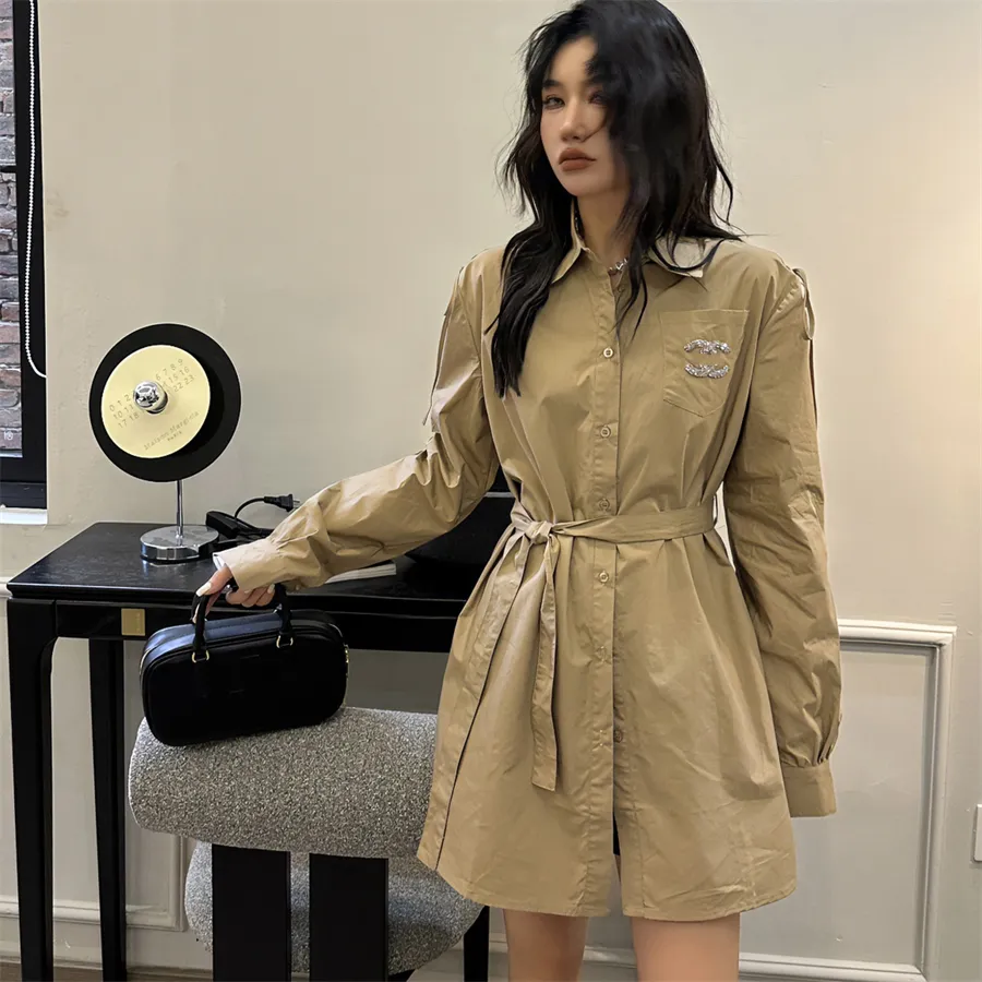 Elegant Khaki Shirt Dress - Women's Spring Long Sleeve Button Up Dress with  Crystal Accents & Pockets, Minimalist Designer Style from Dhgate Basic &  Casual Dresses - price 44.83