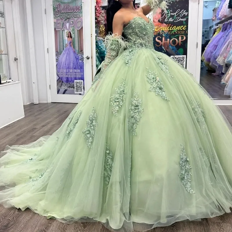 Sage Green Ball Gown: Premium Quality Sweet 16 Dress with Appliques &  Feathers - Shop Now! from Dhgate Quinceanera Dresses - price 247.22