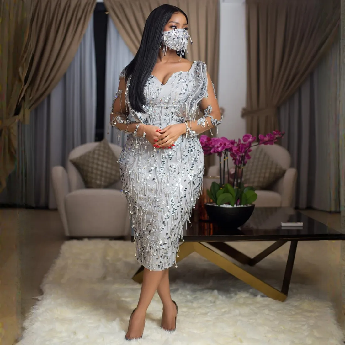 Silver Tulle Lace Cocktail Dress with Beaded Tassel and Long Capped Sleeves  Tea-Length for African Black Women from Dhgate Cocktail Dresses - price  196.0