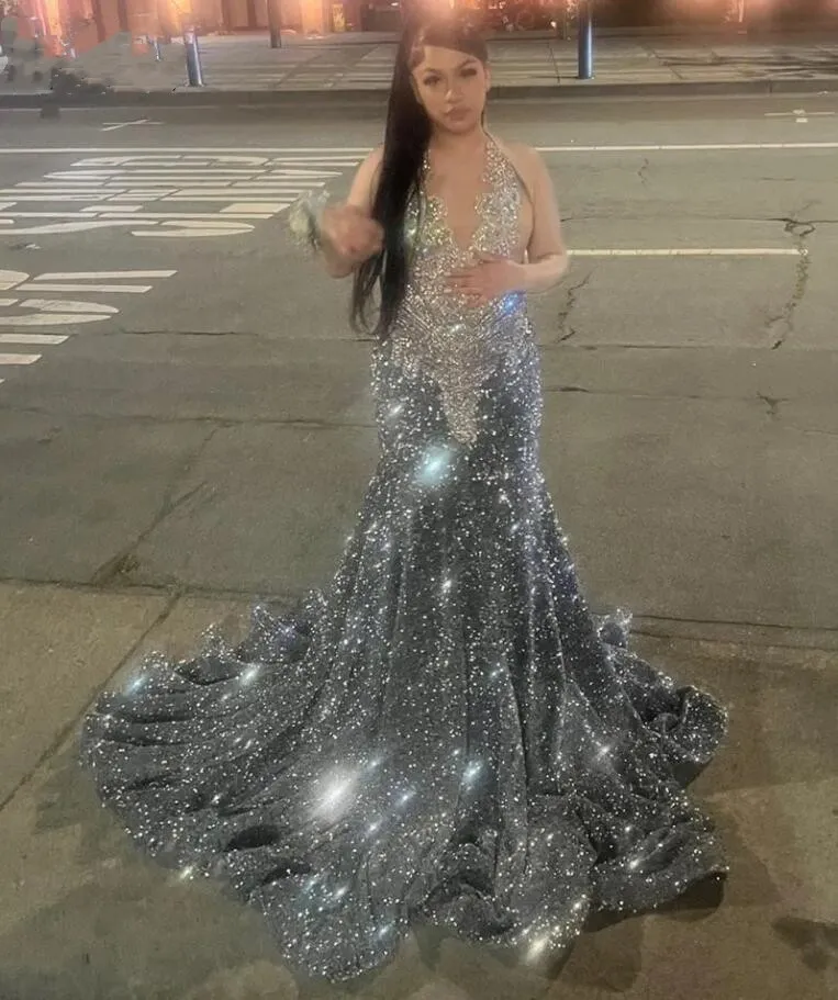 Sparkling Silver Halter Mermaid sparkly Mermaid prom dress for Black Girls with Beaded Rhinestones, Sheer Tulle, and Crystal Embellishments - Perfect