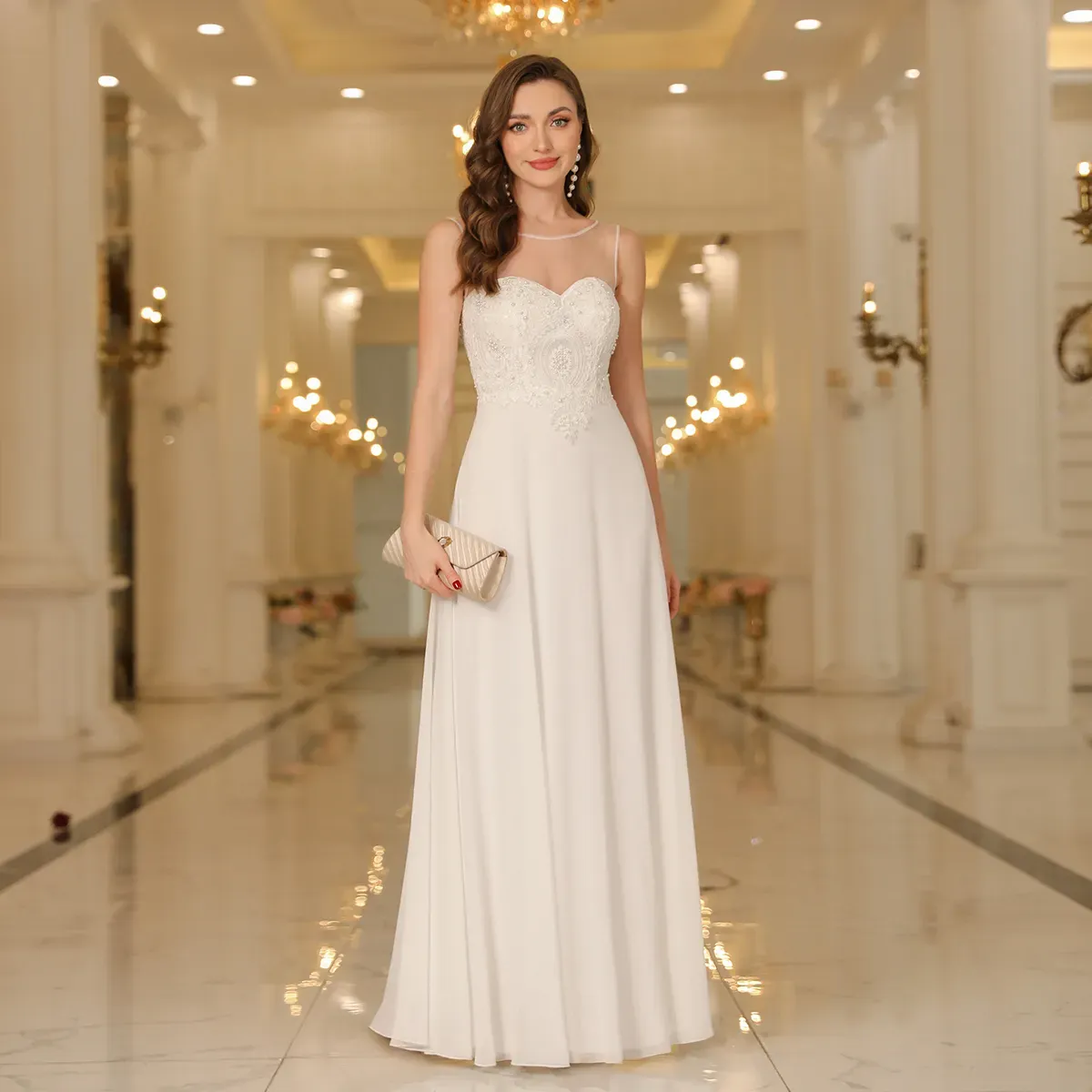 Ivory Dark Navy Bridesmaid Dress Sheer Neck Applique Chiffon Floor-Length  A-Line Gown with Zipper Back from Dhgate Bridesmaid Dress - price 72.31