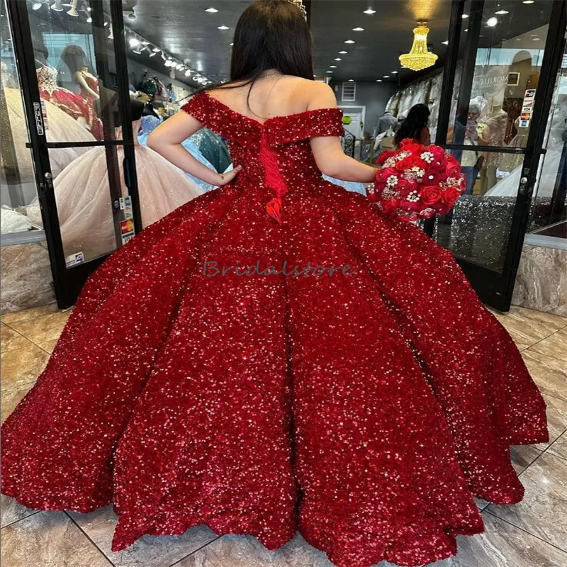 Elegant Off-Shoulder Sparkling Red Sequin quinceanera dress - Perfect for Sweet 16, 15 Years, Birthdays, Halloween, and Sixteen Proms - 2024 Ball Gown