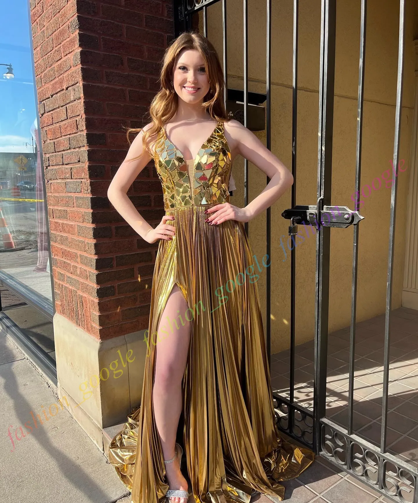 Sparkling Gold Metallic Double Slit Prom Dress with Glass Mirror and Beading Elegant Gold Metallic Prom Dress With Mirror \u0026 Glass Beading, V Neck Formal  Gown For Winter Events From Fashion_google, $121.23 | DHgate.Com
