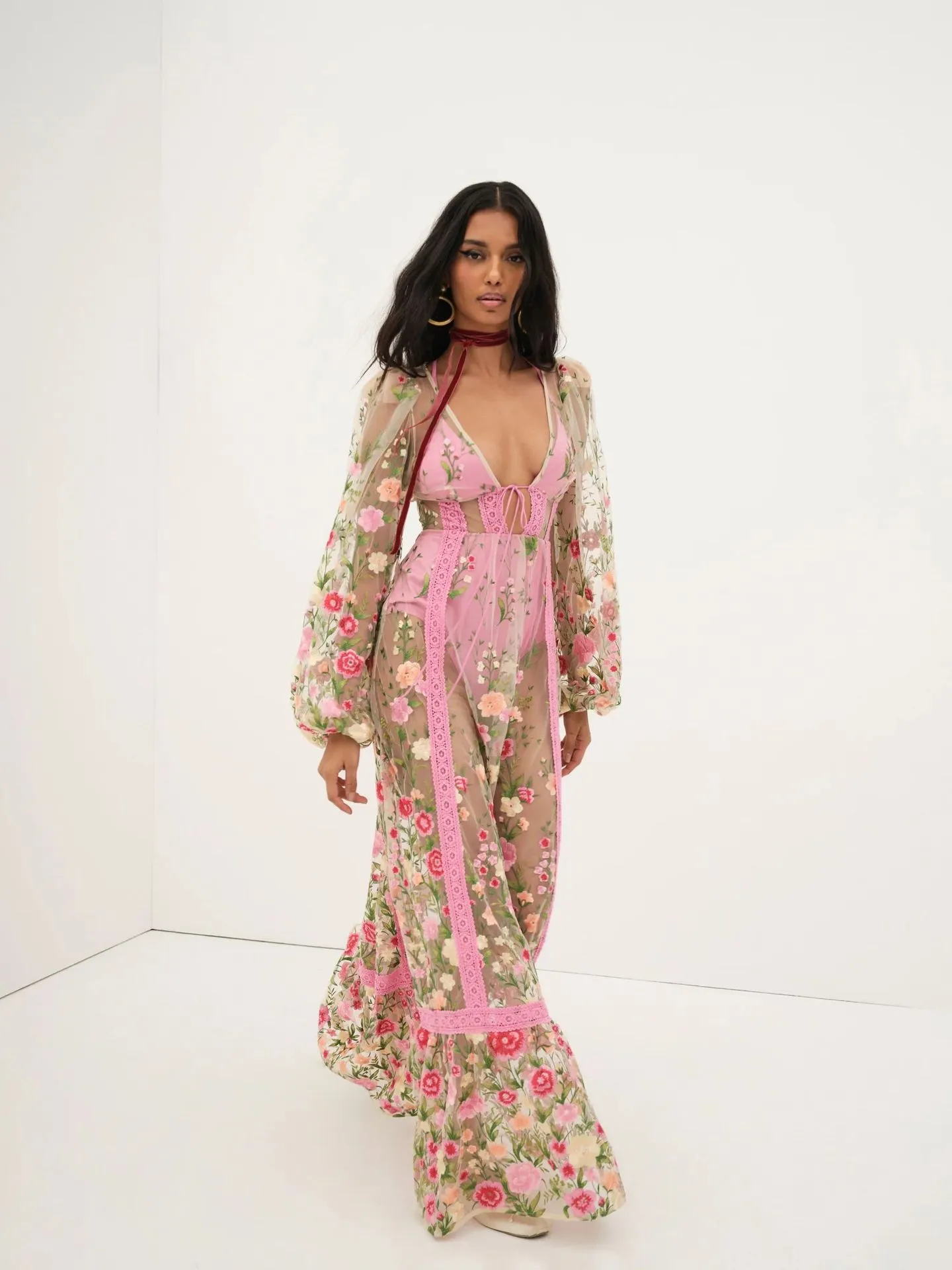 knee length dresses for ladies Brown Sheer Floral Print Long Sleeve Dress – THE WEARHOUSE main image 0