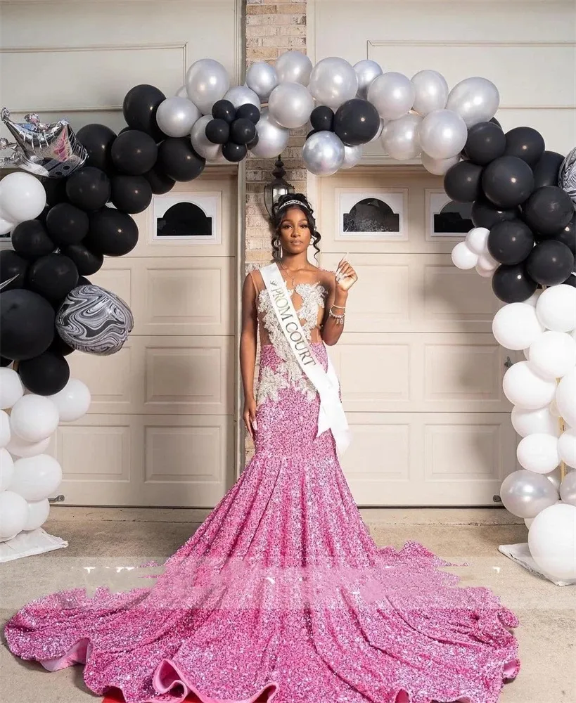 pink trumpet prom dress Black Girls' Pink Sheer O-Neck Pink sparkly prom dress with Appliques and Sequins