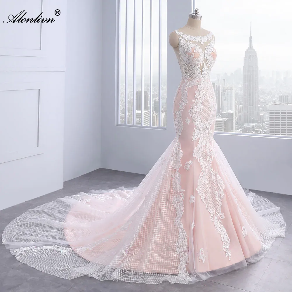 pink trumpet wedding dress Charming Rose Pink Ivory Lace Tulle Trumpet Wedding Gown