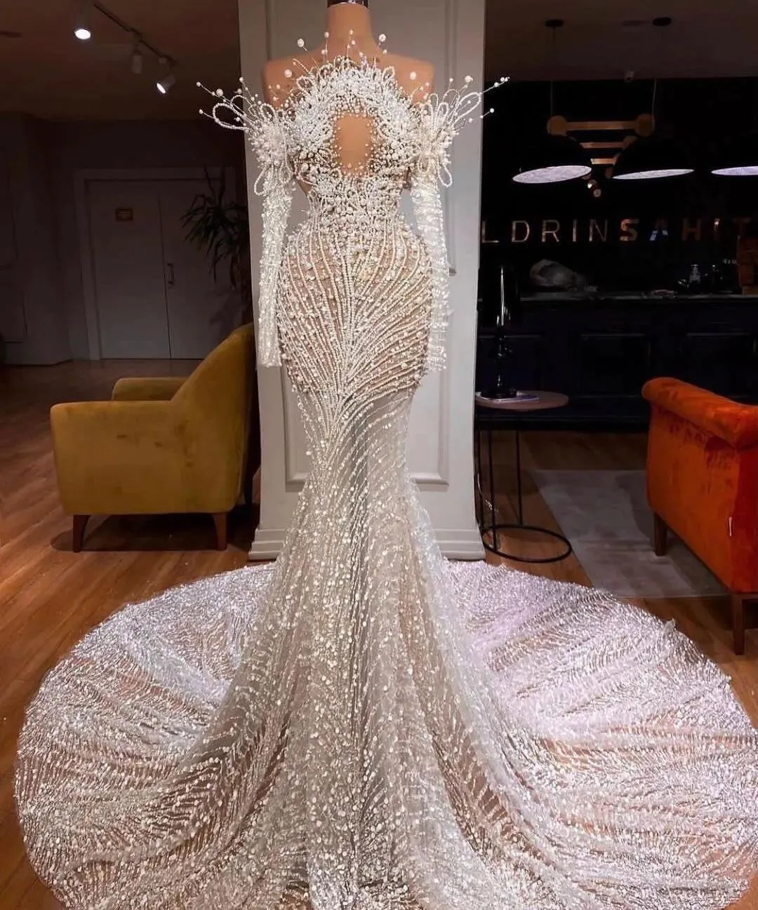 see through beaded wedding dress Sparkling Beaded Wedding Dress with Sheer Long Sleeves loveangeldress