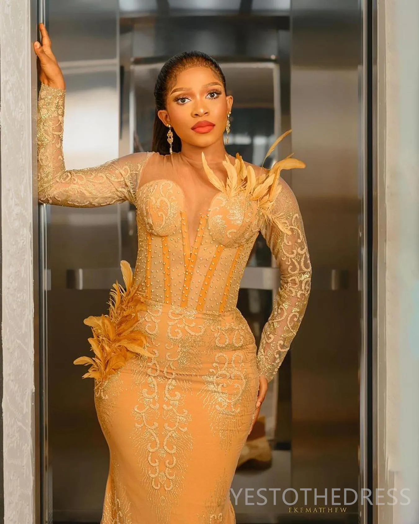 long sleeve gold dresses for women Glitter Gold Mermaid Evenging Dress with Long Sleeves – FancyVestido