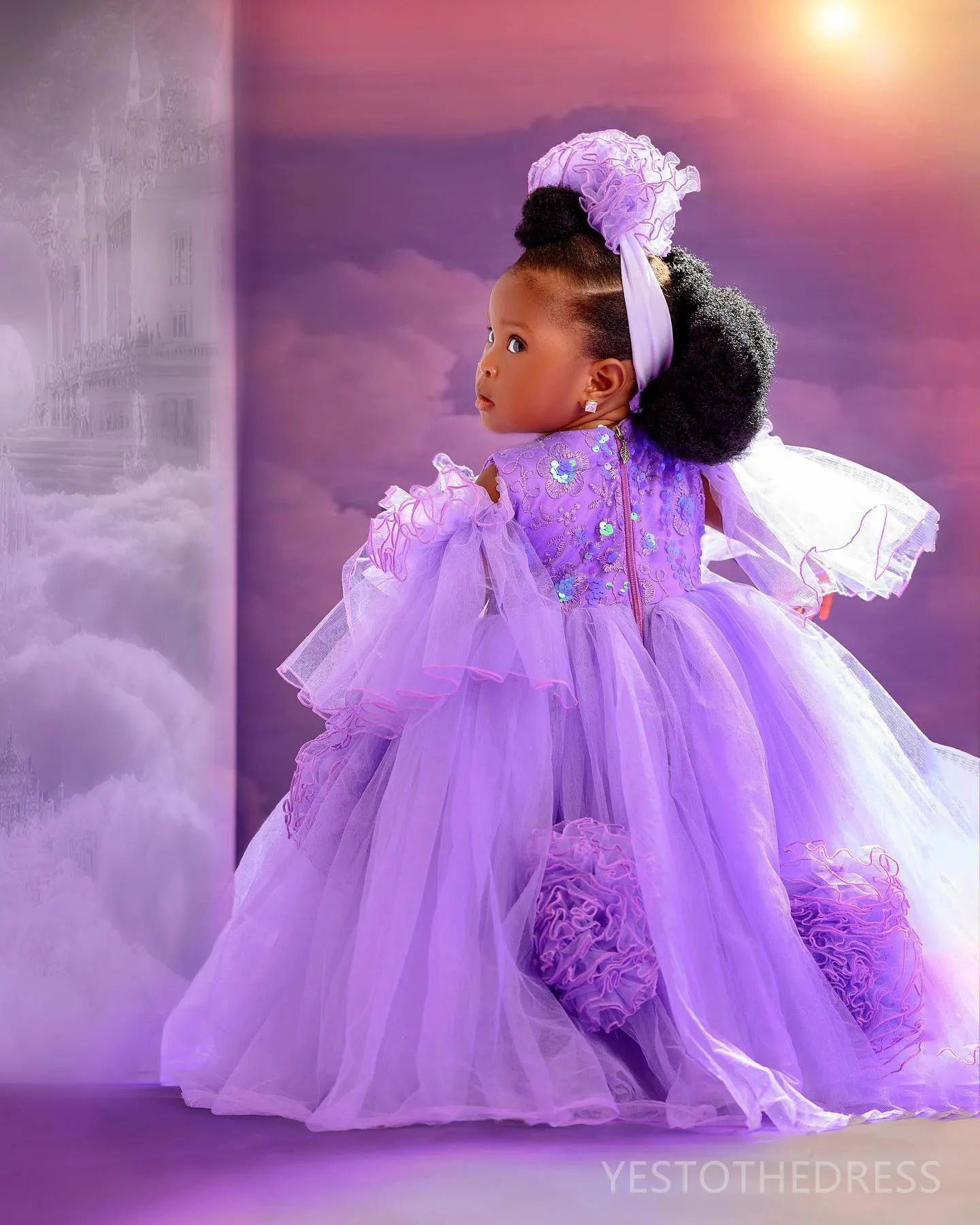MURRAL×LITMUS framed flower dress purple 2024 Cap-Sleeve Beaded Lace Tiered Purple Communion Dress