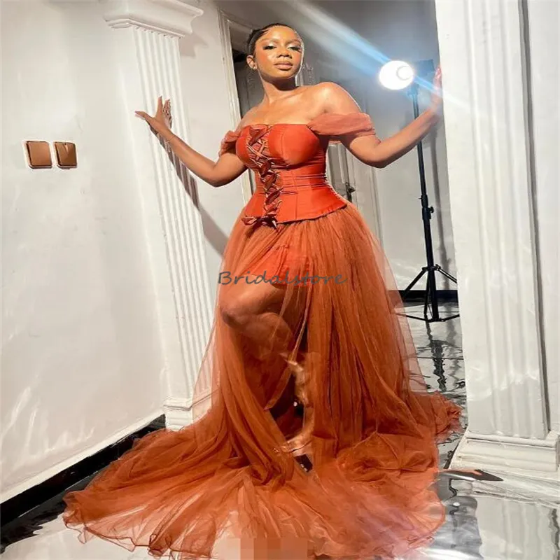 Off-Shoulder Tan and Black Plus Size orange prom dresses 2023 for Girls - Perfect for Aso Ebi, Birthday, Second Party, Reception, and Formal Occasions