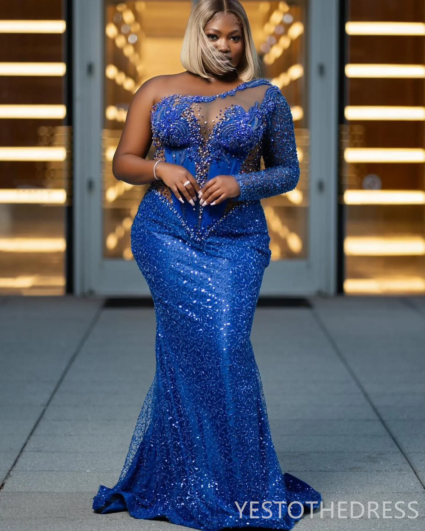 blue diamond prom dress Sparkly Blue Prom Dresses with Pockets Halter Neck Formal Gown 21890 Blue / 24W main image 0