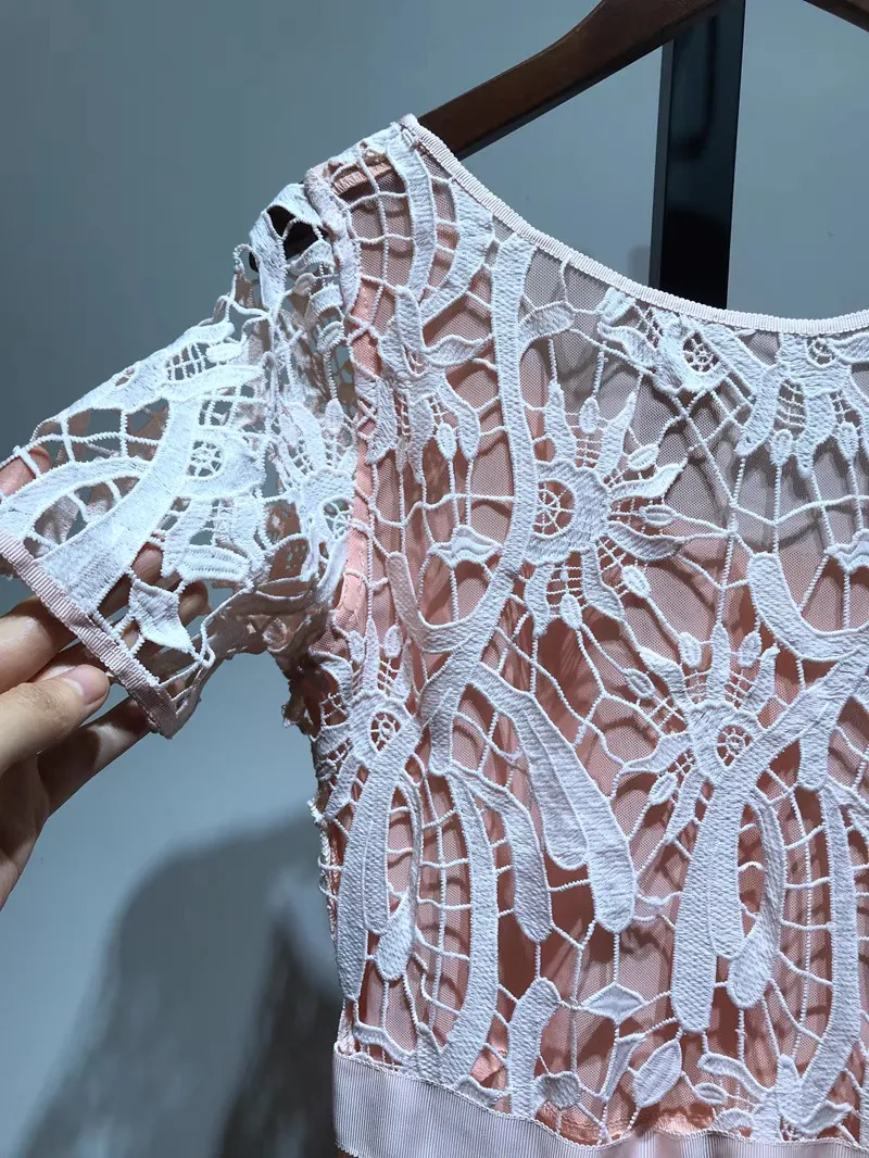 Pink and Red Floral Lace Short Sleeve Midi Dress High Waist Mid-Calf Length  Size S-L from Dhgate Two Piece Dress - price 62.35