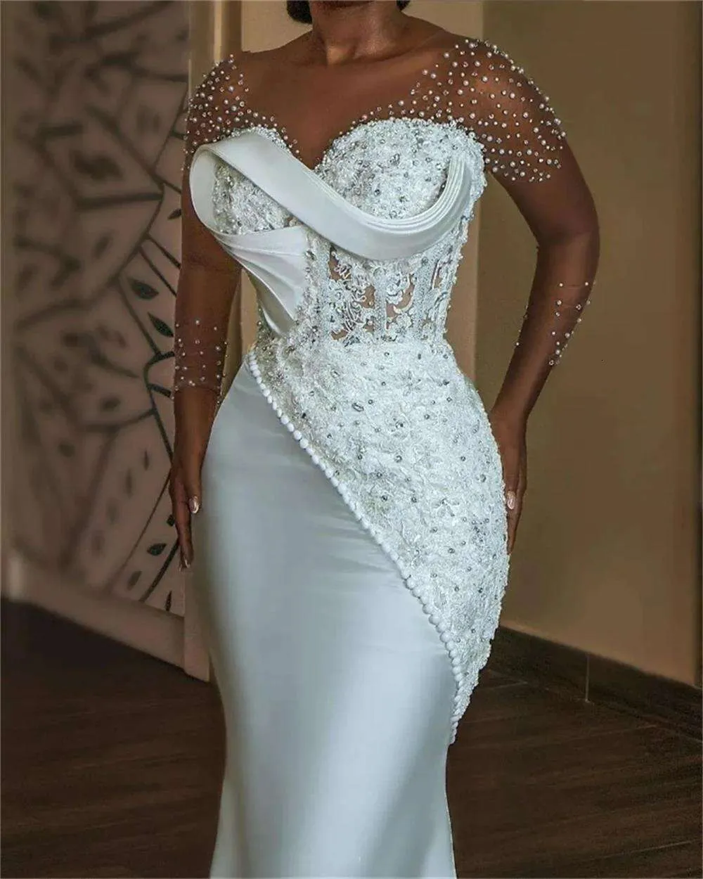 Mermaid rhinestone wedding dress with Appliques, Beads, and Sweep Train - Full Sleeves, Satin Fabric, Scoop Neckline, Perfect for the Modern Bride