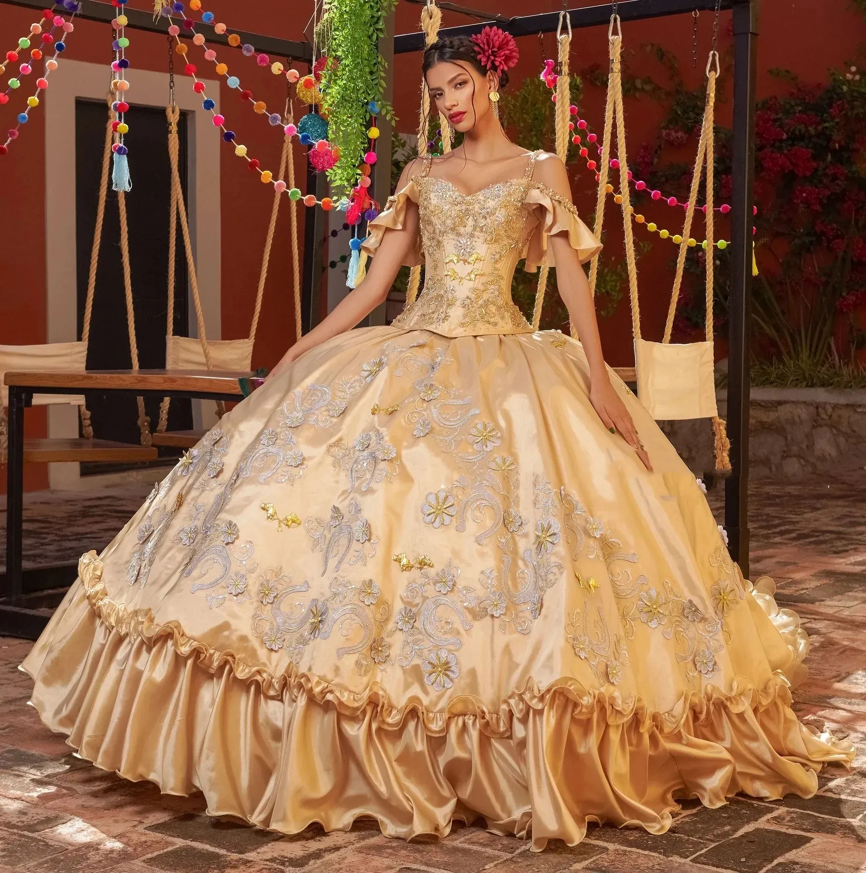 Gold Quinceanera Ball Gown Dress with Lace-up Back and Beaded Appliqué in Lace Fabric from Dhgate Quinceanera Dresses