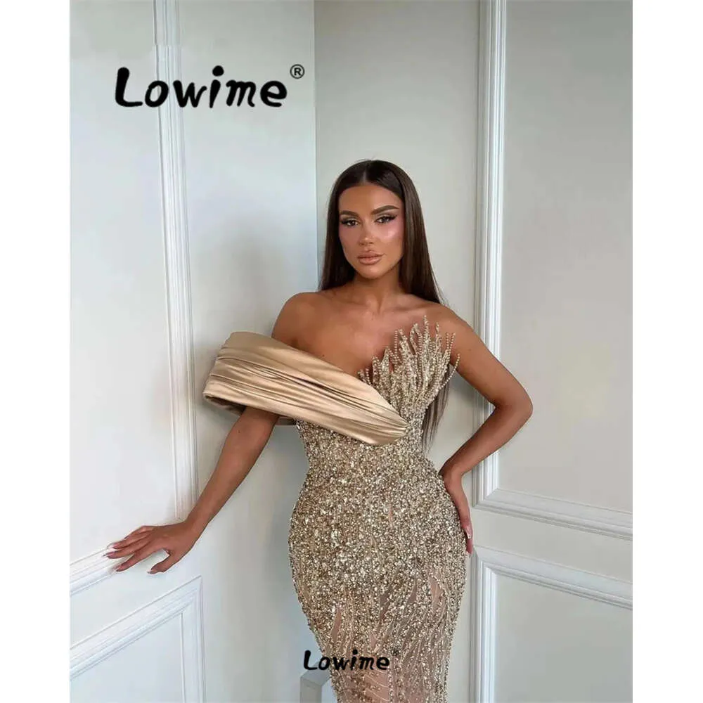Luxurious Champagne Gold Off The Shoulder Sequin Beaded Mermaid Evening Dress Long Party Dress