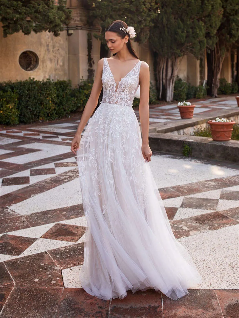 blue dress for baby girl Anemone – Boho Lace A-Line Wedding Dress with Long Sleeves – A & M  Enterprises Bridal main image 0
