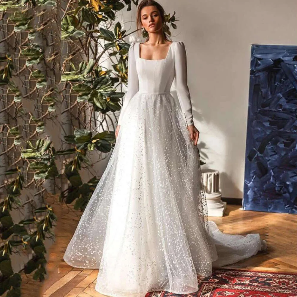 Boho Ivory Tulle A Line Reception Dress with Long Sleeves and Square Neckline - Formal OCN Vestido de Novia 0605