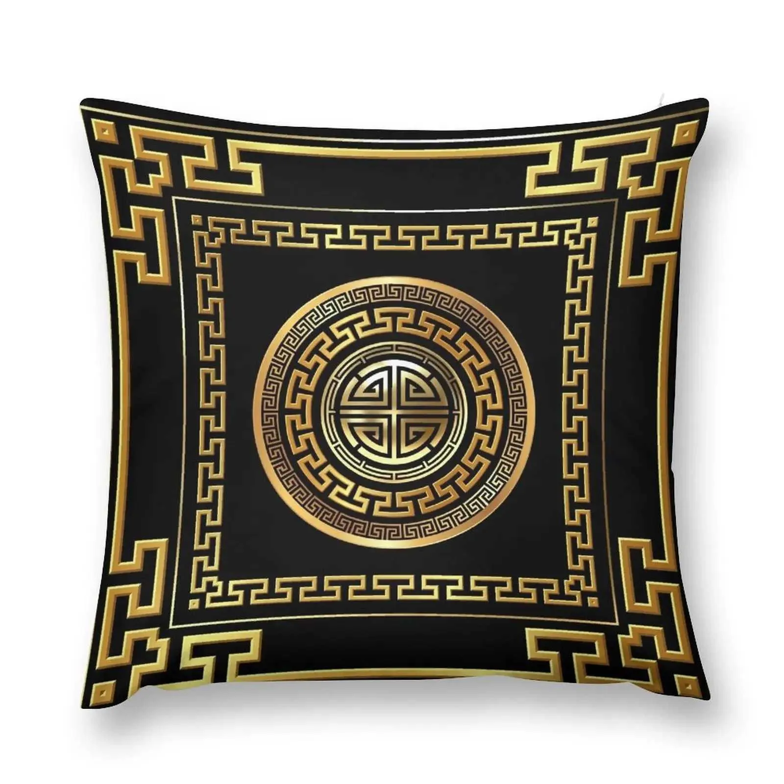 Black and Gold Greek Key Meander Soft Throw Cushion Cover Case