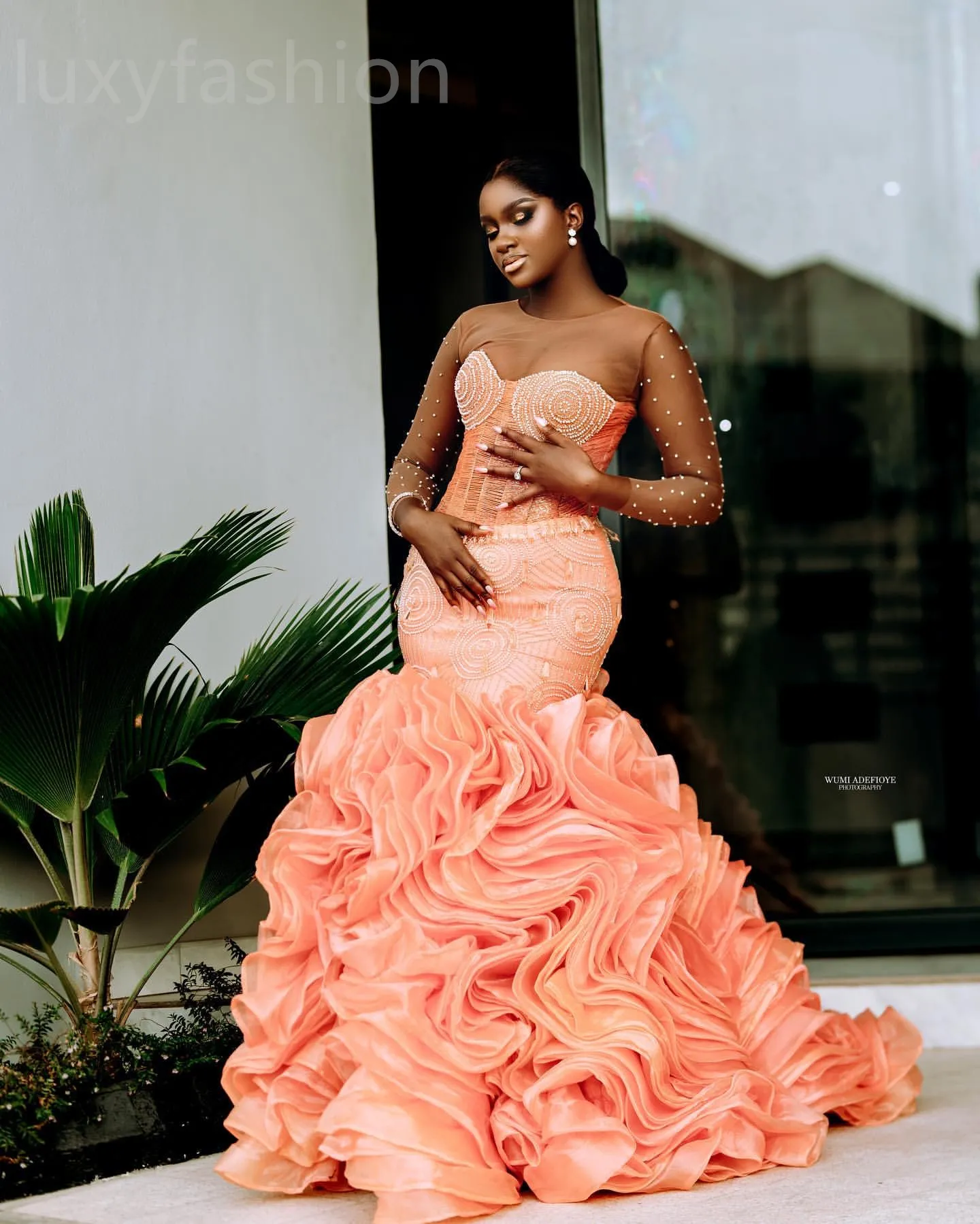 Blush Pink Mermaid Orange Mermaid Prom Dresses With Beaded Organza Tiers Aso Ebi 2024 Perfect For Evening Parties Formal Events Second Reception Birthday Enagement And Thanksgiving LF063 From Luxyfash...
