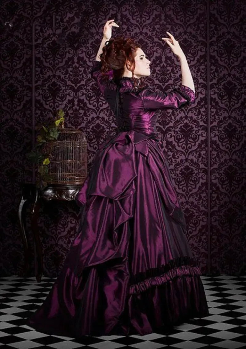 Vintage Victorian Grape Satin a line reception dress with Half Long Sleeves - Plus Size Bridal Party Gown (2024)