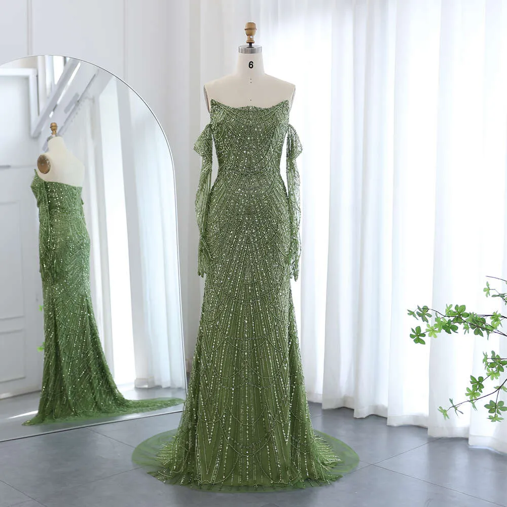 Dubai Mermaid Green Evening Dress with Gloves Strapless Tulle Trumpet Gown  Sweep Train Beaded SS306 from Dhgate Evening Dresses