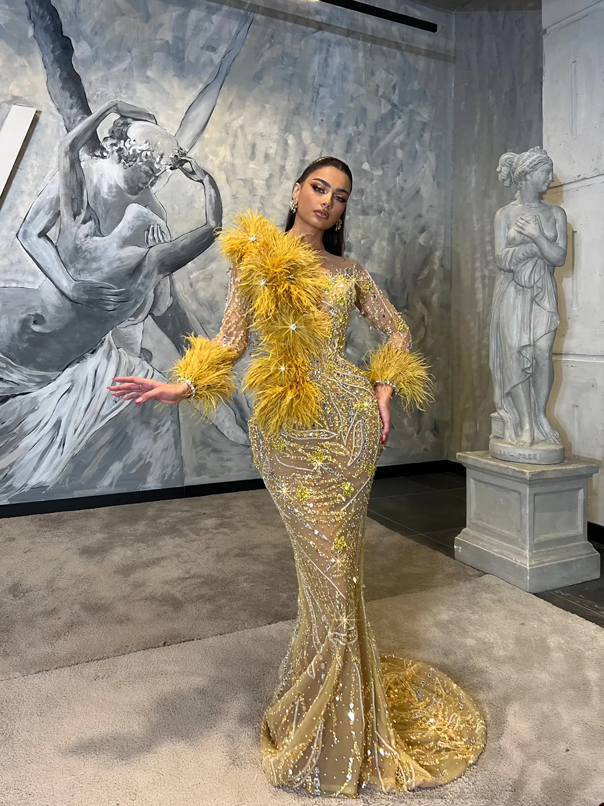 gold feather dress Destiny | Yellow Satin Asymmetric-Neck Midi Dress With Feather Details main image 1