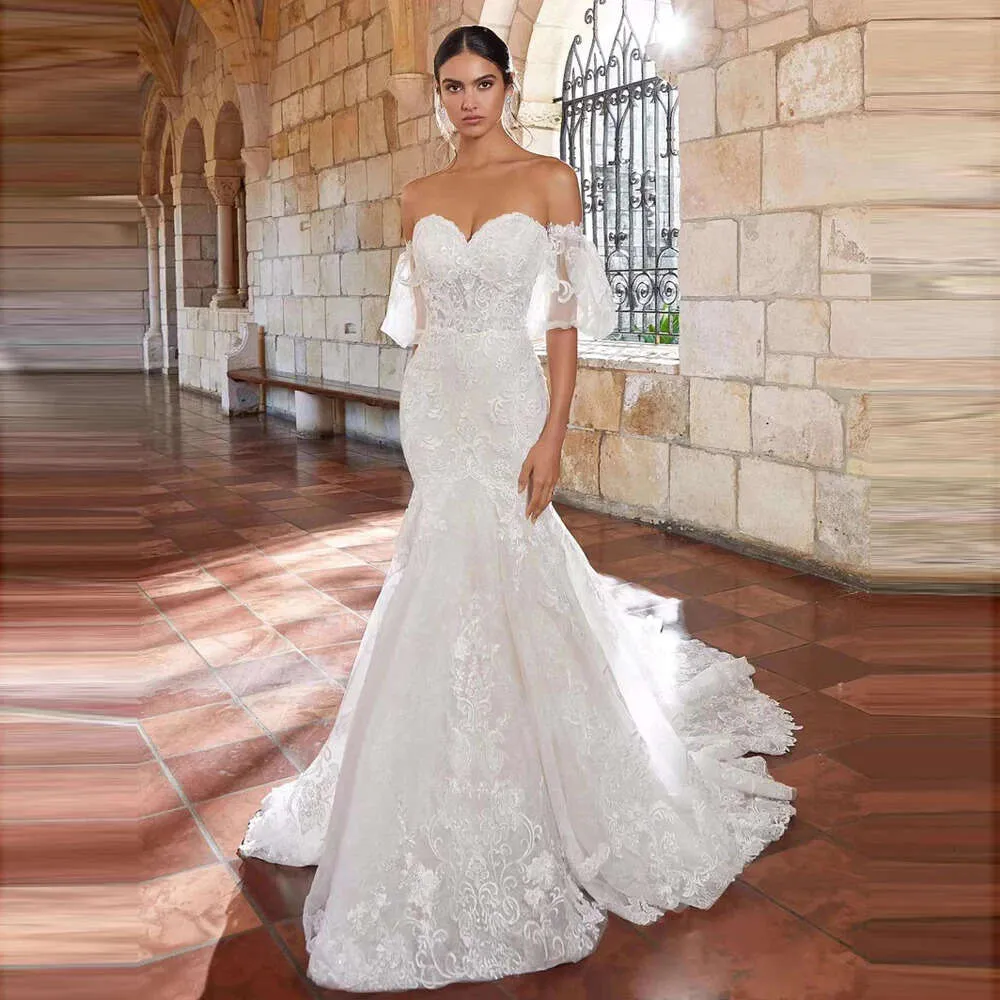Boho mermaid applique wedding dress with Detachable Bell Sleeves, Lace Appliques, and Open Back - Vestido de Noiva Bridal Gown (2025)