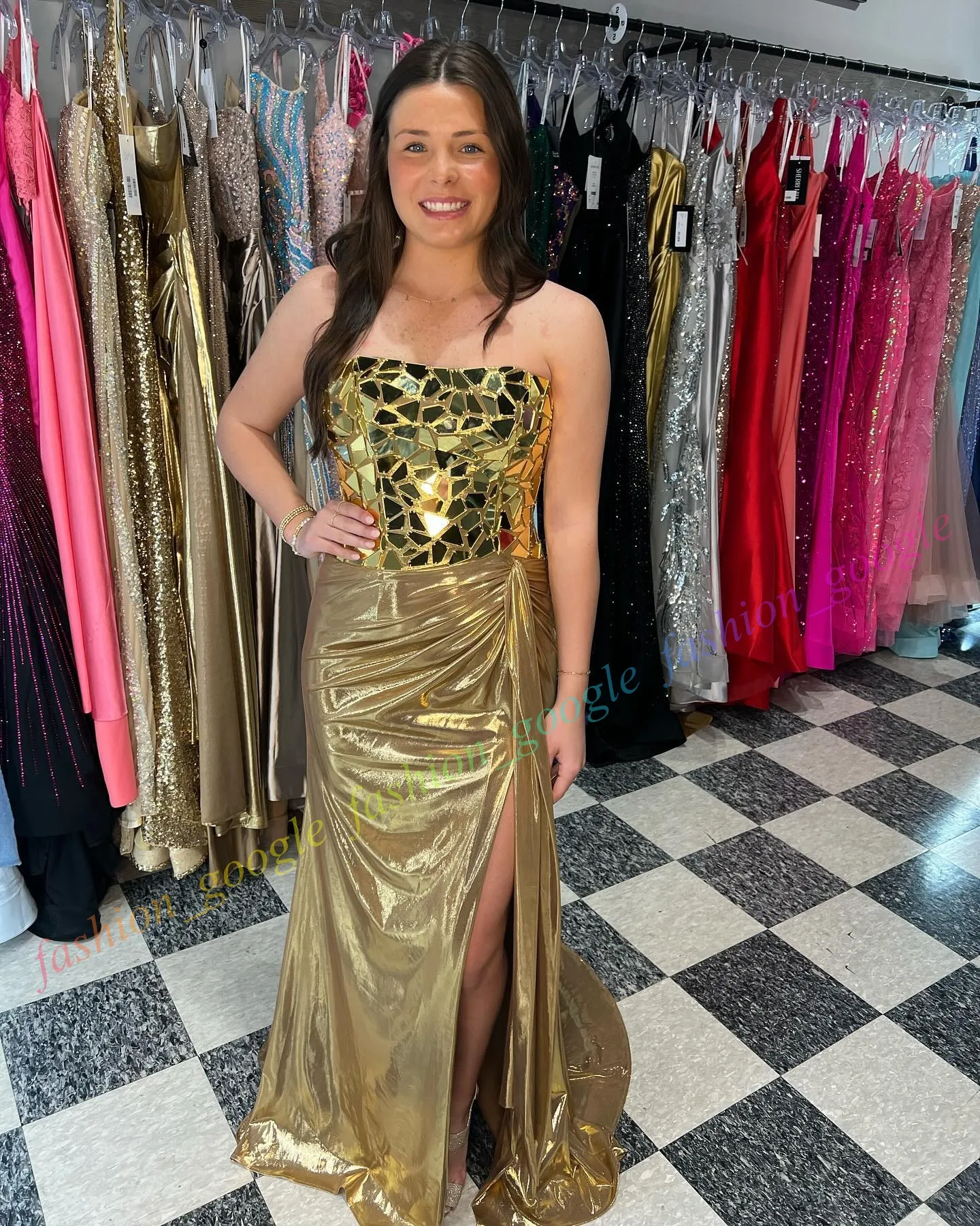 Strapless Metallic Prom Dress Glass Cut Mirror Bodice Sexy And Sleek Fitted  High Slit Long Winter Formal Event Party Gown Red Carpet Runway Oscar Gala  Pageant Sneaker From Fashion_google