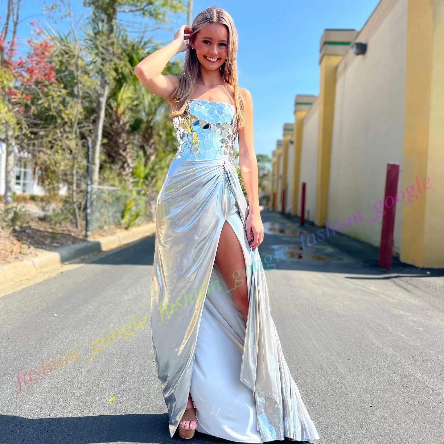 blue mirror prom dress Blue V-Neck Mirror Sequin Mermaid Prom Dress with Slit – FancyVestido