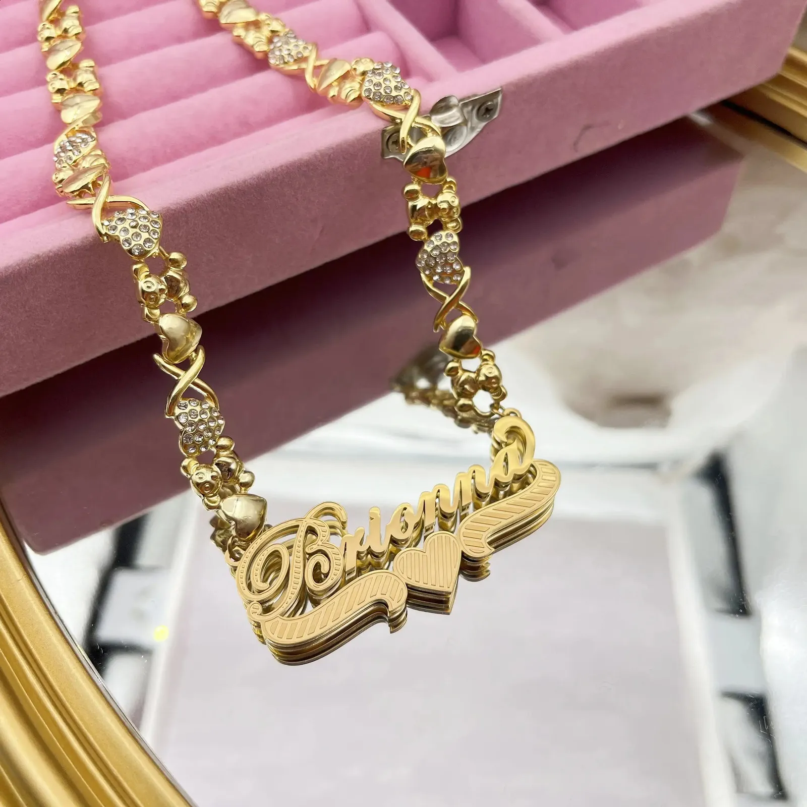 For Mother Kids Double Plated Heart Name Necklace W/ Cuban Chain
