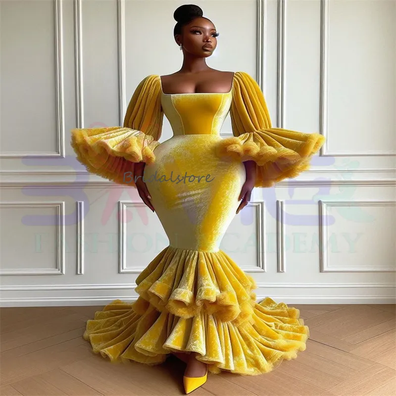 Yellow Flamenco Yellow Mermaid prom dress for Black Girls - Elegant Square Neckling Mermaid Evening Gown with Sleeves and Velvet Lining - Perfect for