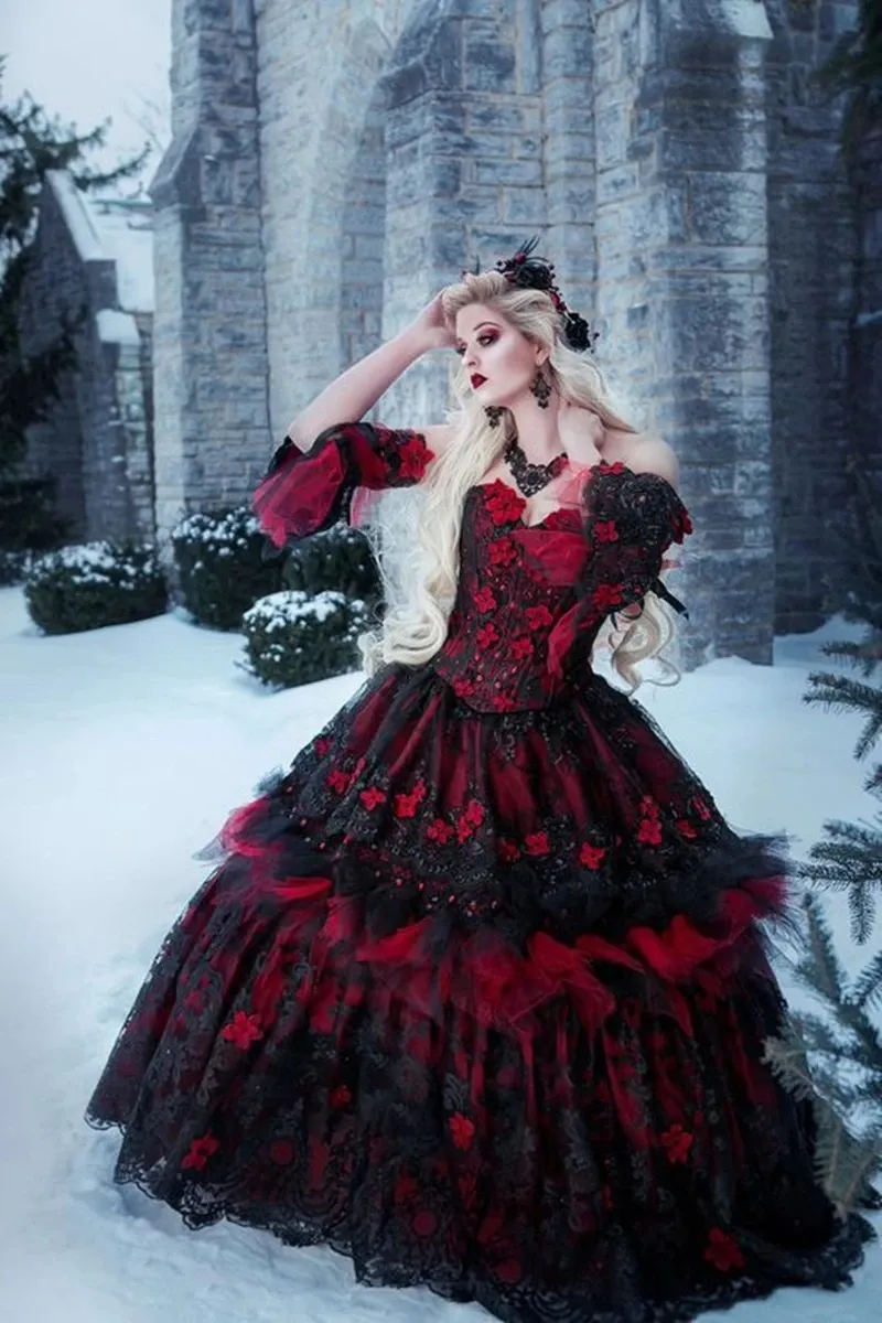 black and red wedding dress Amber Gothic Dark with or without the Cape , Gothic Dark Red Mermaid Trumpet Wedding Dress, See Through Black Red Gown For reference Gothic Belle Red/black Upscale Fantasy