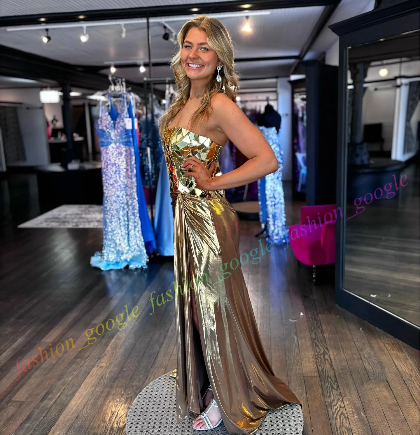green emerald velvet dress Gold Sweetheart A-Line Lace Long Prom Dress With Split main image 1