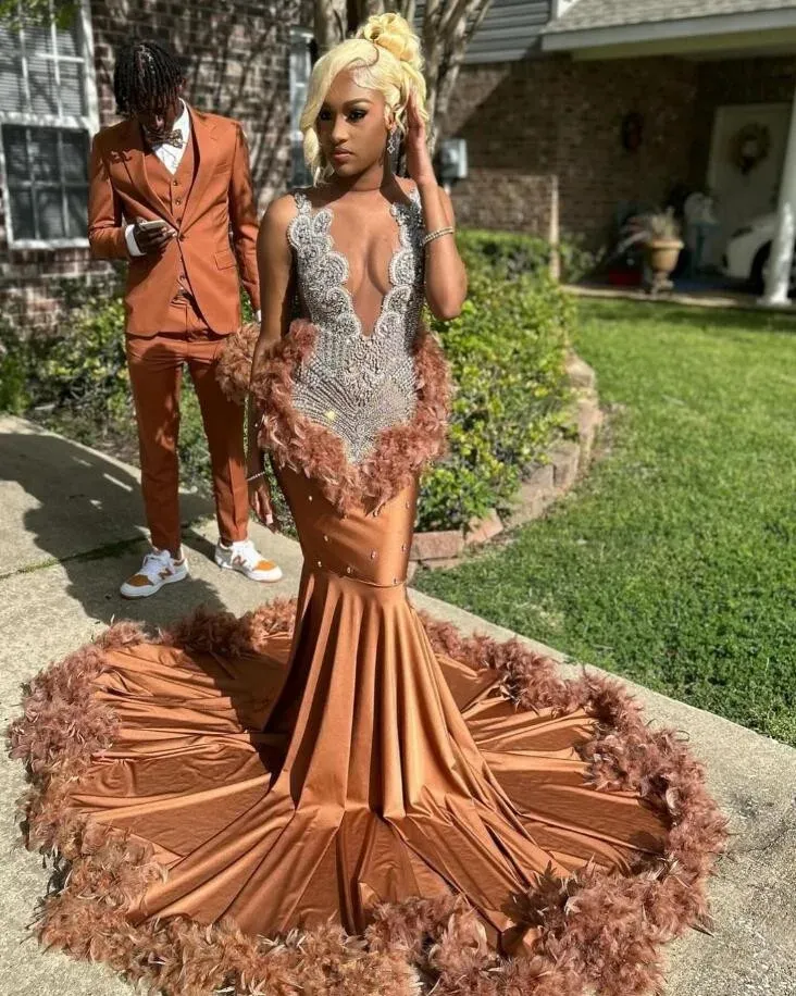 Brown Long Mermaid Evening Dress with Diamond Crystal and Feather Details  for Formal Events from Dhgate Prom Dresses - price 226.68
