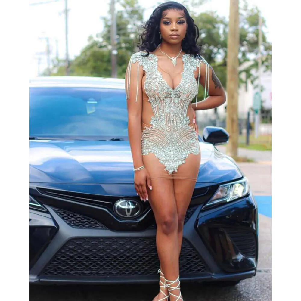 Silver Diamond Black Girl Mini Short Cocktail Dress with Crystal Tassel  Sheer Mesh for Women from Dhgate Cocktail Dresses
