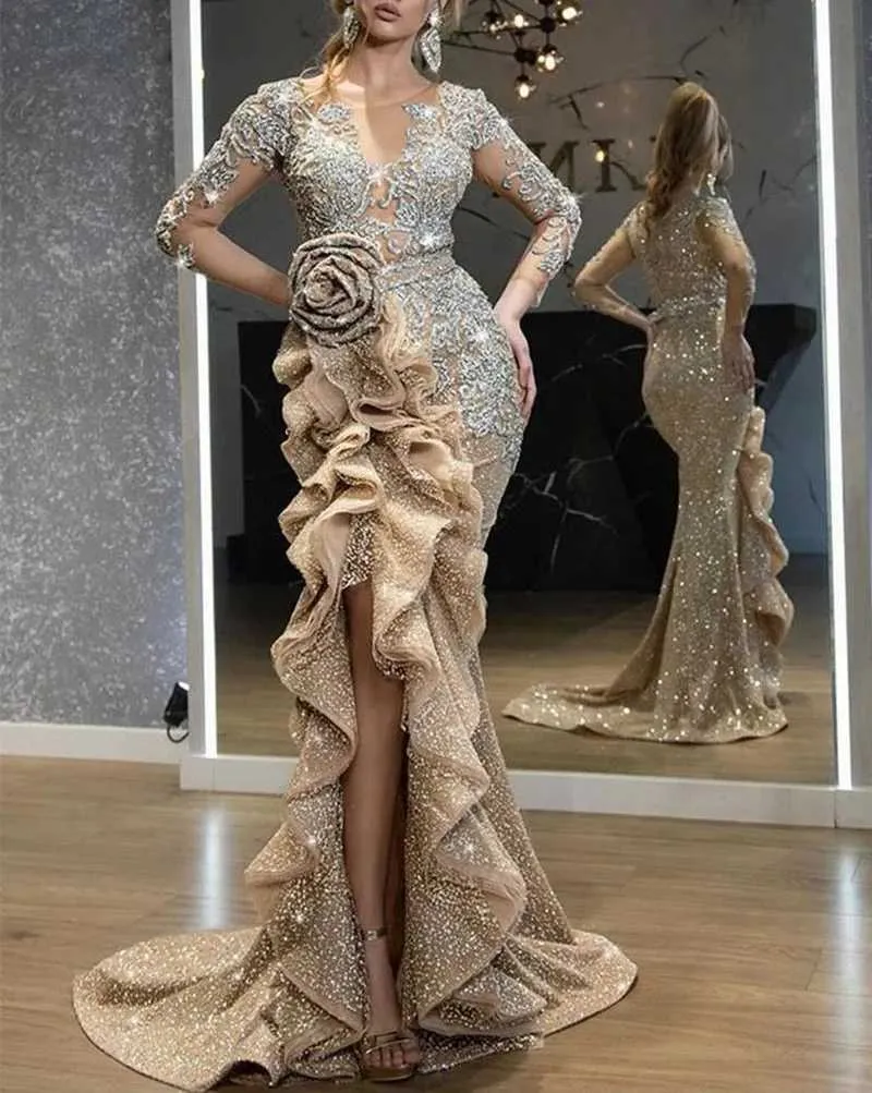 gold sequin collar dress Gold Sequin Long-Sleeve Short Party Dress main image 1