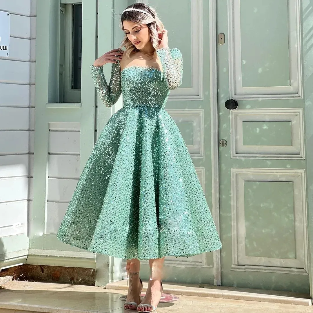 Shiny Sequin Tea Length Dress - Long Sleeve Party Gown - Shop Now! from  Dhgate Prom Dresses - price 339.97