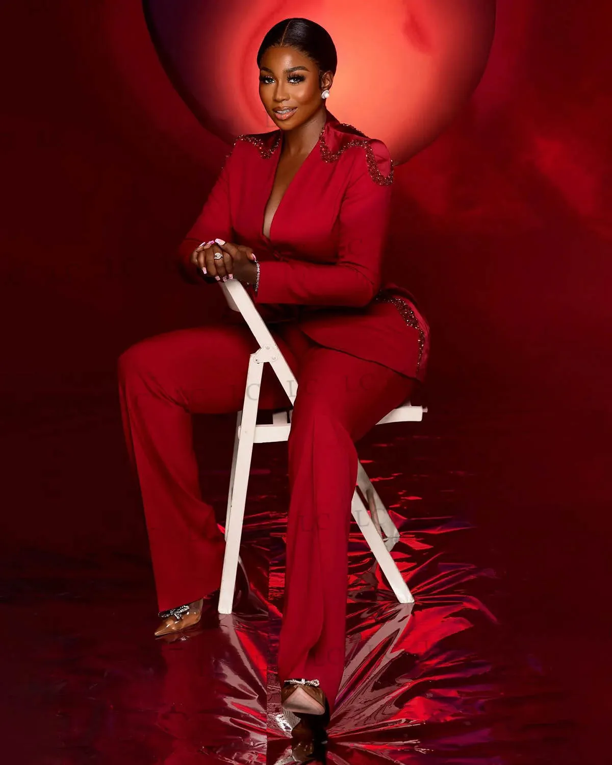 Custom Red Beaded Wedding Red Trouser Suit Womens Set For Women