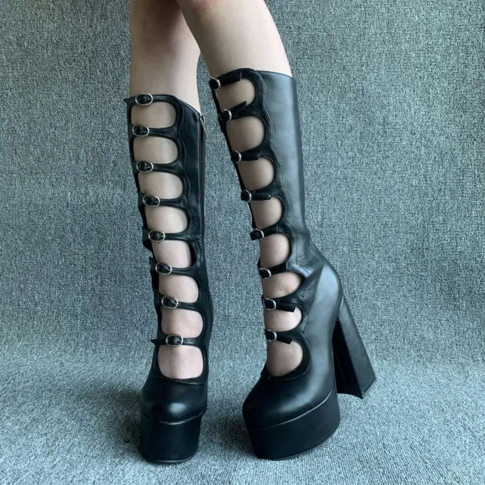 DHgate 2024Black Hollow Out Platform Booties Sexy High Heel Chunky Sandals for Women Shoes Accessories