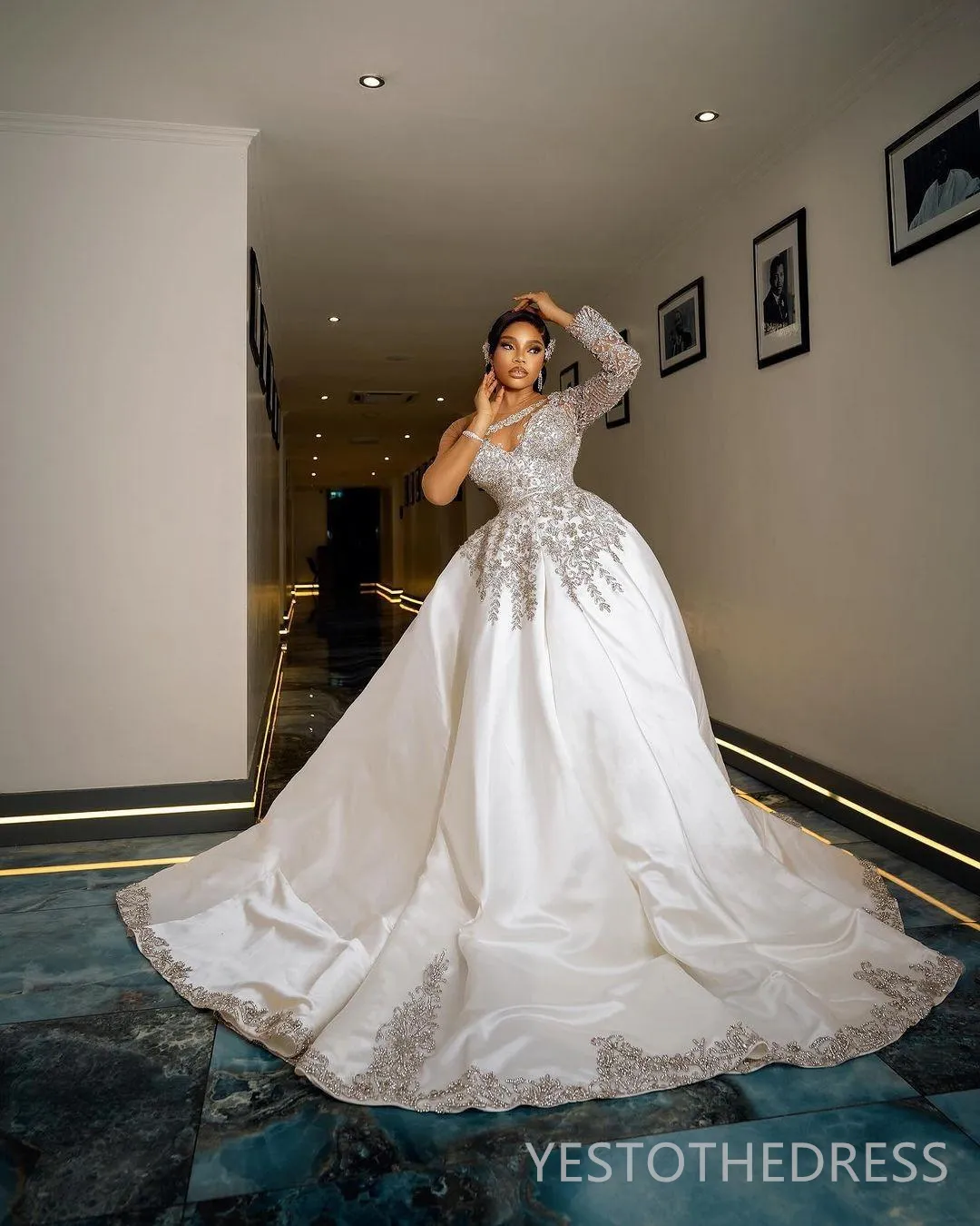 african bridal dress 2024 White pakistani wedding dress with Illusion Sheer Neckline, Long Sleeves, Appliqued Beaded Rhies, and Crystals in Satin